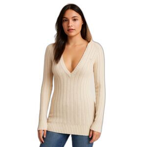 American Eagle Vintage Y2K Womans Sweater Small Long Ribbed Deep V Hooded Cream